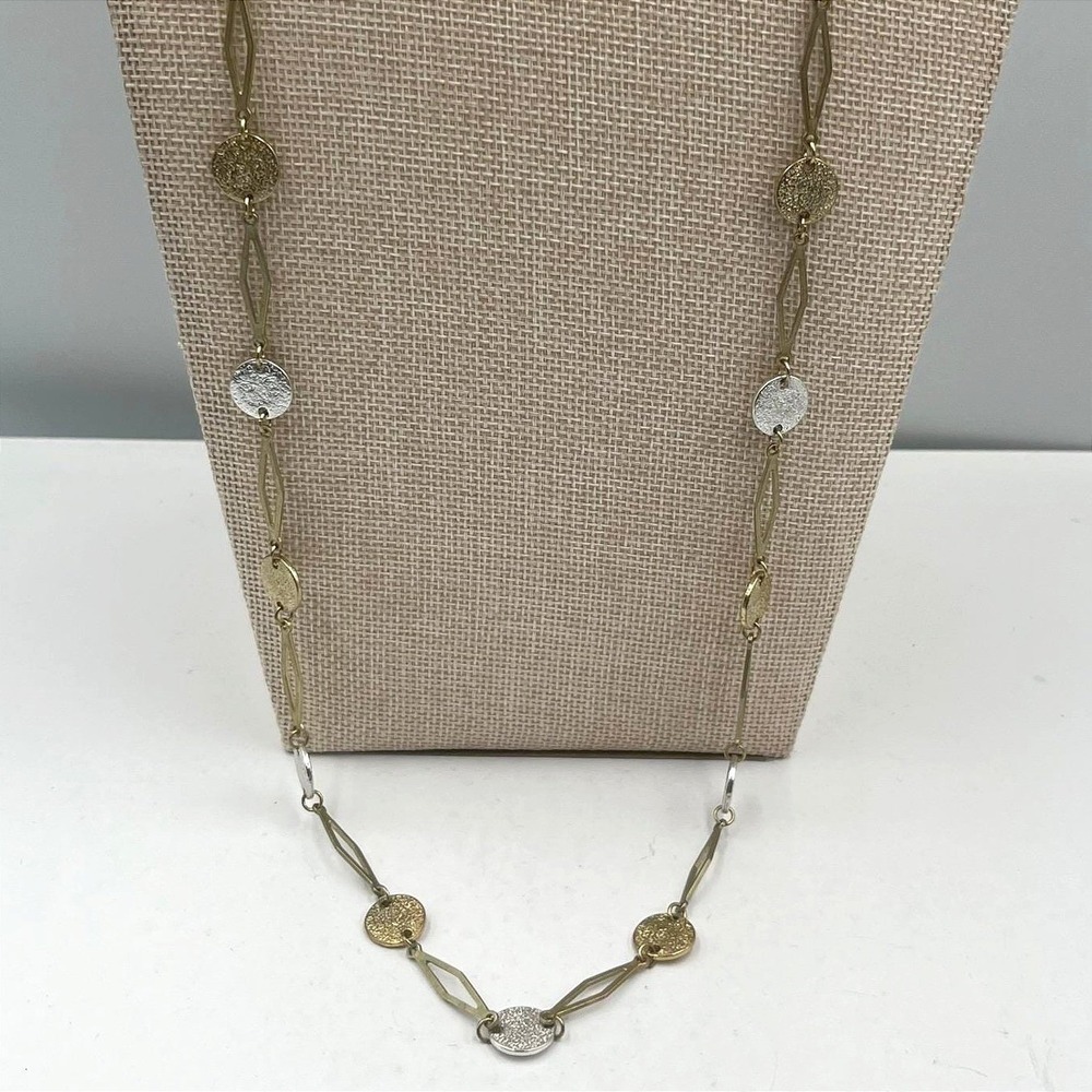 Vintage Long Gold Tone Link Necklace Textured Disc Stations Two Tone Minimalist